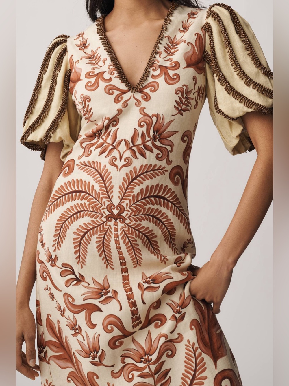FARM Rio Milani Bead Trim Puff-Sleeve Linen Maxi Dress Size Medium NWT - Picture 4 of 8